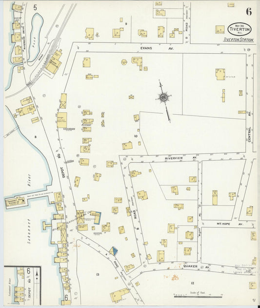 Sanborn Fire Insurance Map from Tiverton, Newport County, Rhode Island (1911), Sheet #0006 - Historic Sanborn Fire Insurance Map Print, vintage old map wall art, antique decor, genealogy gift, Rhode Island Rhode Island map