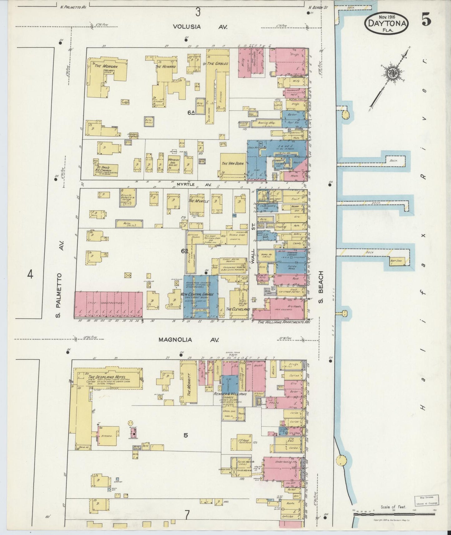 Sanborn Fire Insurance Map from Daytona, Volusia County, Florida (1916), Sheet #0005 - Complete Map Set gallery image, historic Sanborn map, vintage wall art, Florida Florida