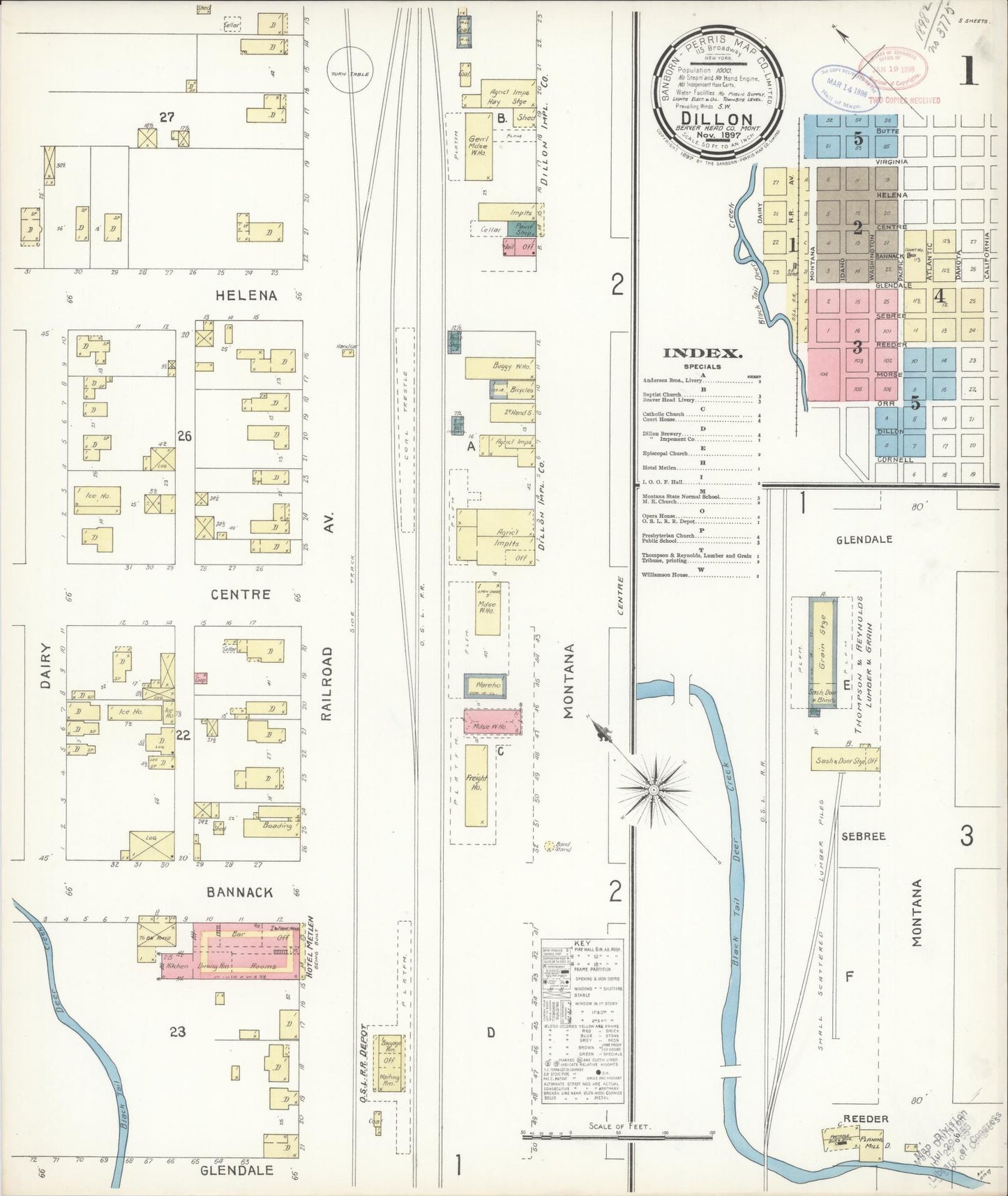 Sanborn Fire Insurance Map from Dillon, Beaverhead County, Montana (1897), Sheet #0001 - Historic Sanborn Fire Insurance Map Print, vintage old map wall art, antique decor, genealogy gift, Montana Montana map