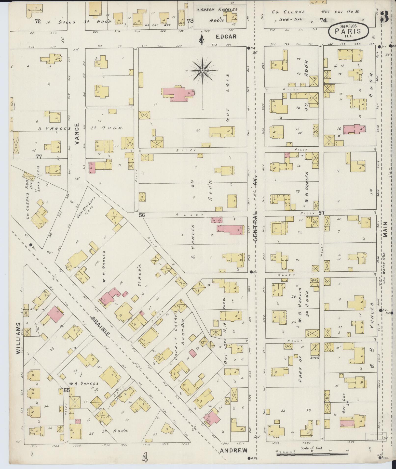 Sanborn Fire Insurance Map from Paris, Edgar County, Illinois (1895), Sheet #0003 - Historic Sanborn Fire Insurance Map Print, vintage old map wall art, antique decor, genealogy gift, Illinois Illinois map