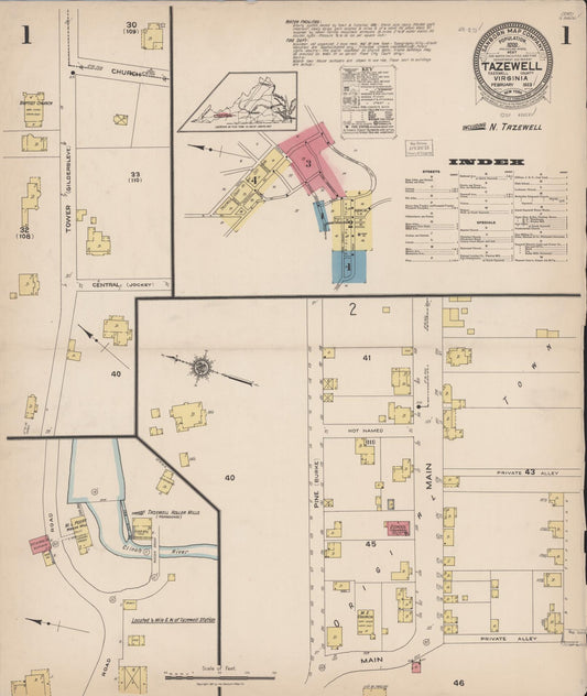 Sanborn Fire Insurance Map from Tazewell, Tazewell County, Virginia (1923), Sheet #0001 - Complete Map Set gallery image, historic Sanborn map, vintage wall art, Virginia Virginia
