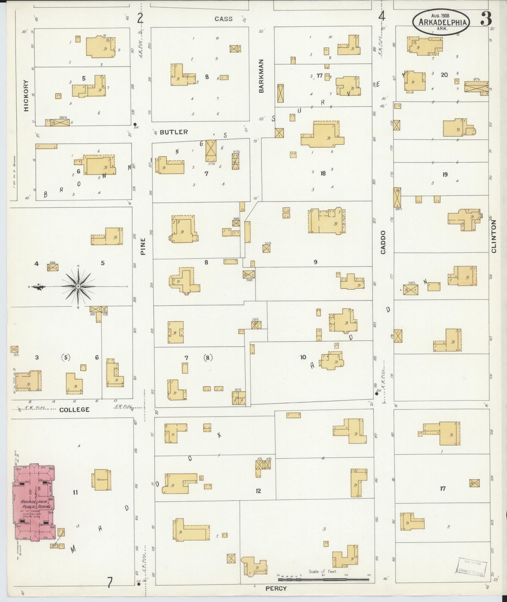Sanborn Fire Insurance Map from Arkadelphia, Clark County, Arkansas (1908), Sheet #0003 - Complete Map Set gallery image, historic Sanborn map, vintage wall art, Arkansas Arkansas