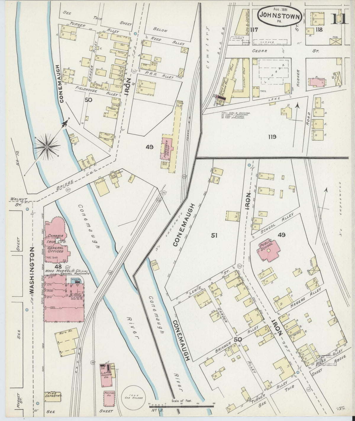 Sanborn Fire Insurance Map from Johnstown, Cambria County, Pennsylvania (1891), Sheet #0011 - Historic Sanborn Fire Insurance Map Print, vintage old map wall art, antique decor, genealogy gift, Pennsylvania Pennsylvania map