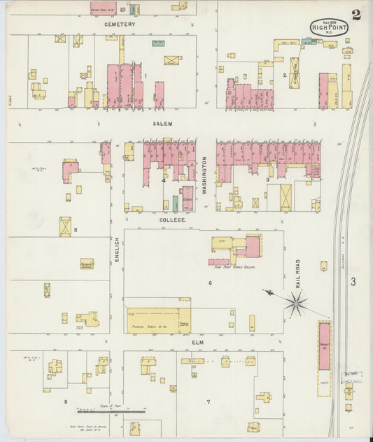 Sanborn Fire Insurance Map from High Point, Guilford County, North Carolina (1896), Sheet #0002 - Historic Sanborn Fire Insurance Map Print, vintage old map wall art, antique decor, genealogy gift, North Carolina North Carolina map