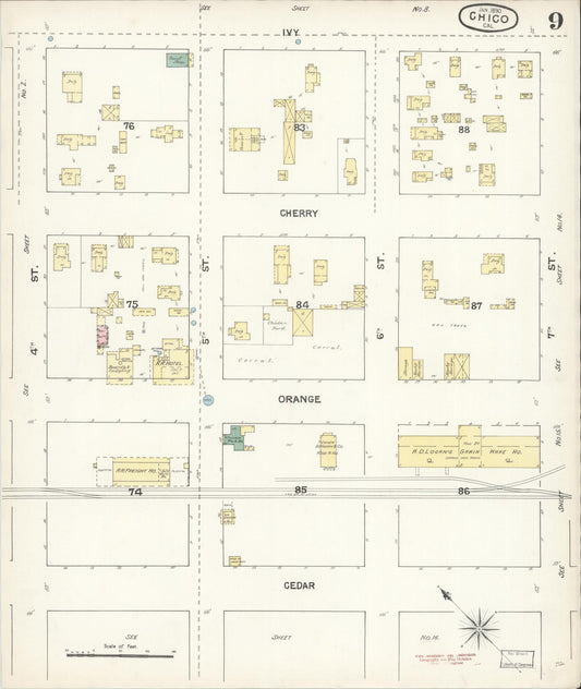 Sanborn Fire Insurance Map from Chico, Butte County, California (1890), Sheet #0009 - Historic Sanborn Fire Insurance Map Print, vintage old map wall art, antique decor, genealogy gift, California California map