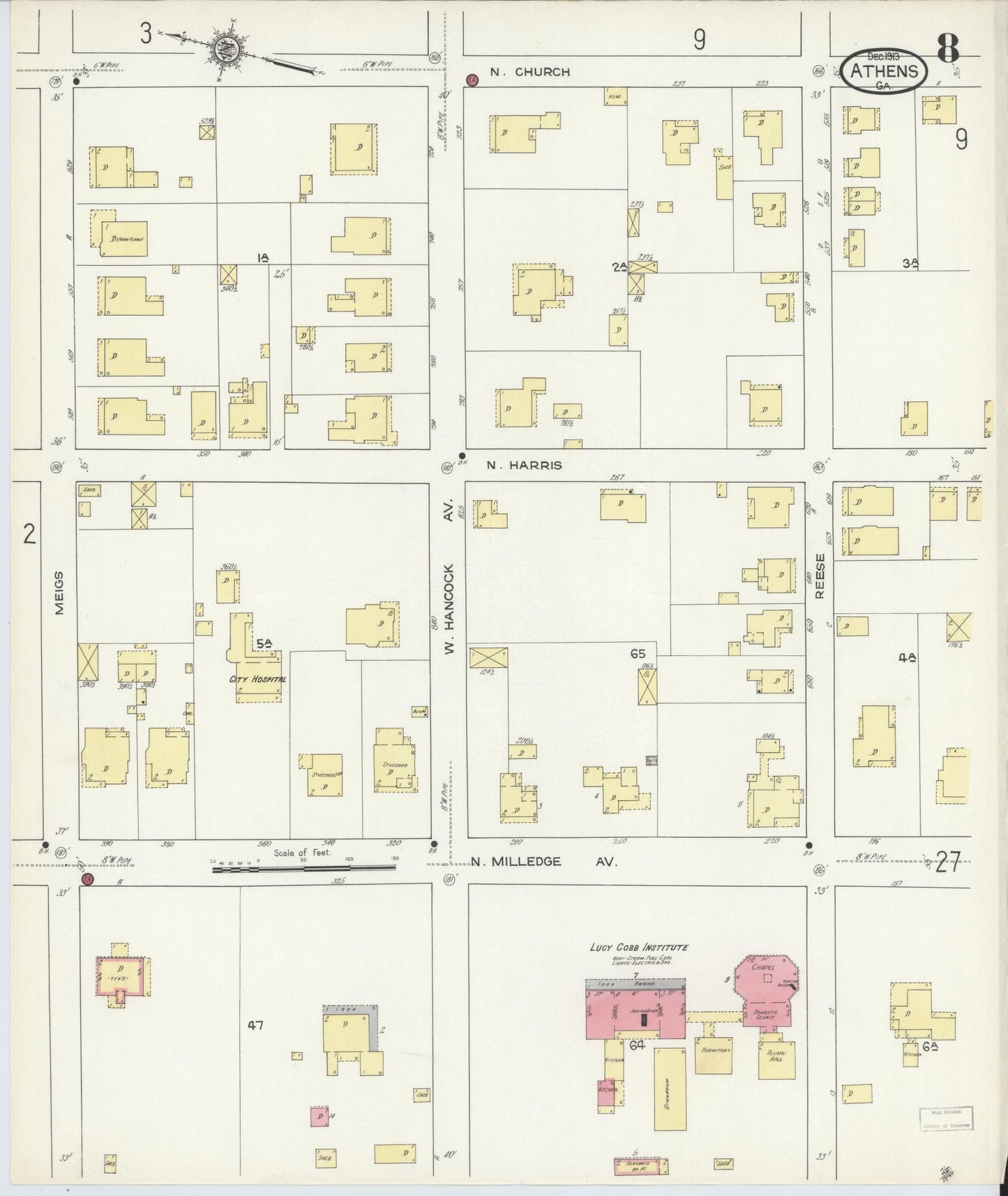 Sanborn Fire Insurance Map from Athens, Clarke County, Georgia (1913), Sheet #0008 - Complete Map Set gallery image, historic Sanborn map, vintage wall art, Georgia Georgia