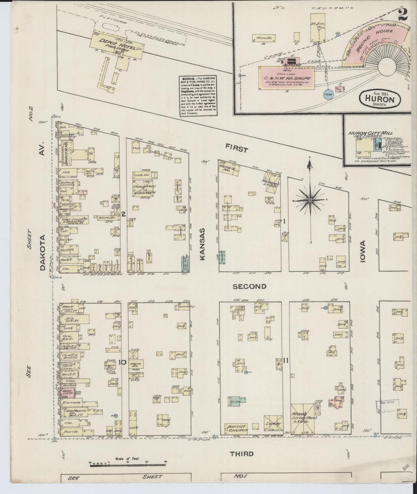 Sanborn Fire Insurance Map from Huron, Beadle County, South Dakota (1884), Sheet #0002 - Historic Sanborn Fire Insurance Map Print, vintage old map wall art, antique decor, genealogy gift, South Dakota South Dakota map