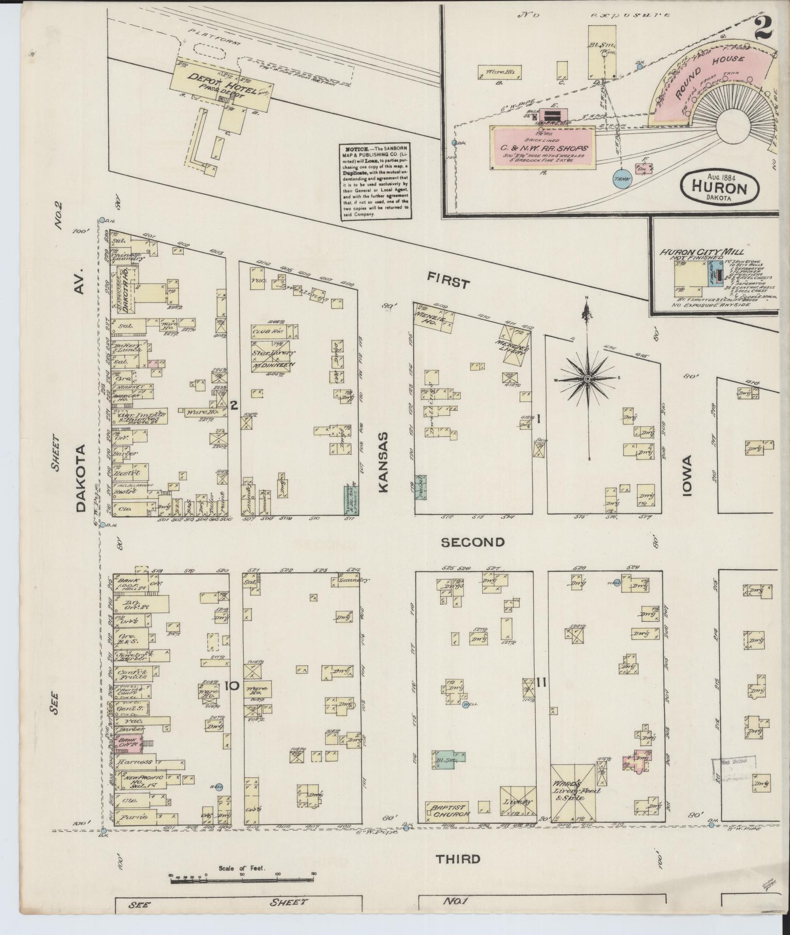 Sanborn Fire Insurance Map from Huron, Beadle County, South Dakota (1884), Sheet #0002 - Historic Sanborn Fire Insurance Map Print, vintage old map wall art, antique decor, genealogy gift, South Dakota South Dakota map
