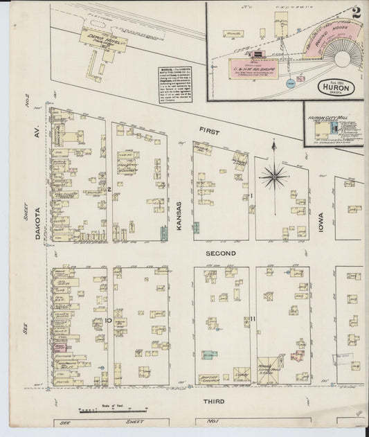 Sanborn Fire Insurance Map from Huron, Beadle County, South Dakota (1884), Sheet #0002 - Historic Sanborn Fire Insurance Map Print, vintage old map wall art, antique decor, genealogy gift, South Dakota South Dakota map