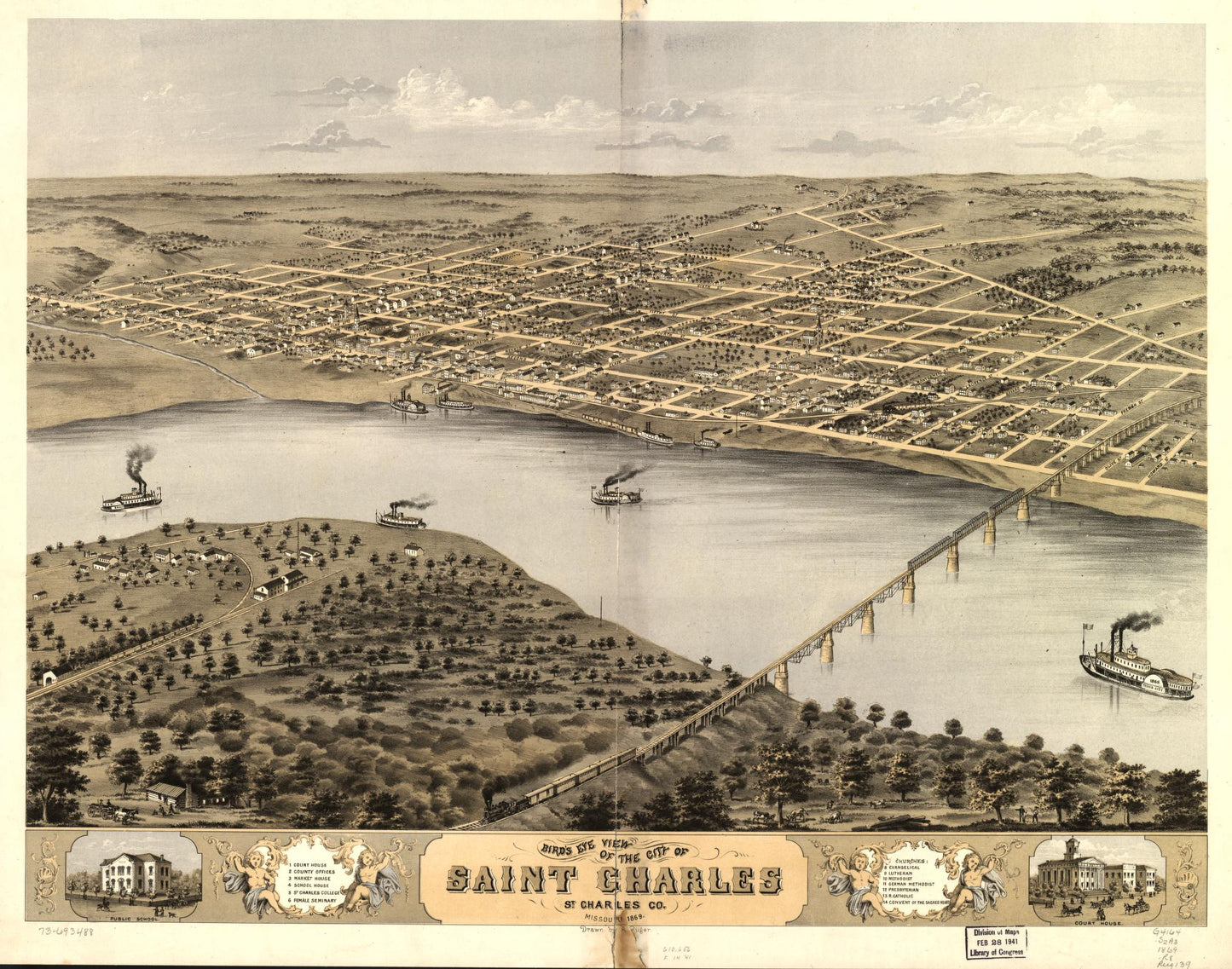 Bird's eye view of the city of Saint Charles, St. Charles Co., Missouri 1869. (1869) – Historic Bird’s-Eye View Panorama Print
