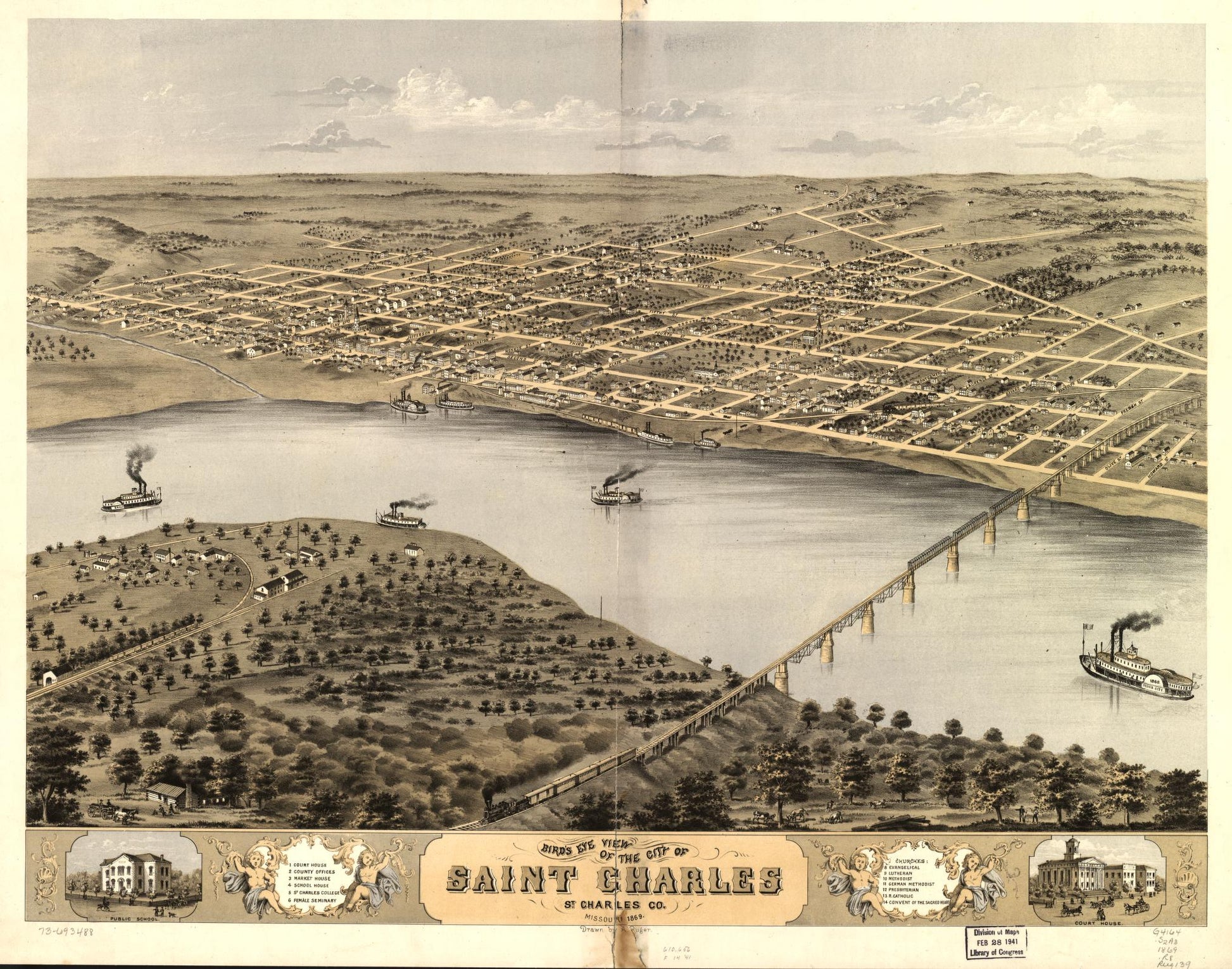 Bird's eye view of the city of Saint Charles, St. Charles Co., Missouri 1869. (1869) – Historic Bird’s-Eye View Panorama Print