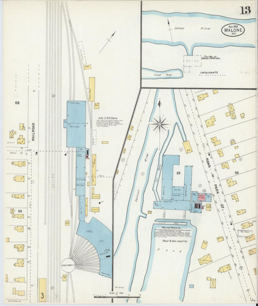 Sanborn Fire Insurance Map from Malone, Franklin County, New York (1903), Sheet #0013 - Historic Sanborn Fire Insurance Map Print, vintage old map wall art, antique decor, genealogy gift, New York New York map