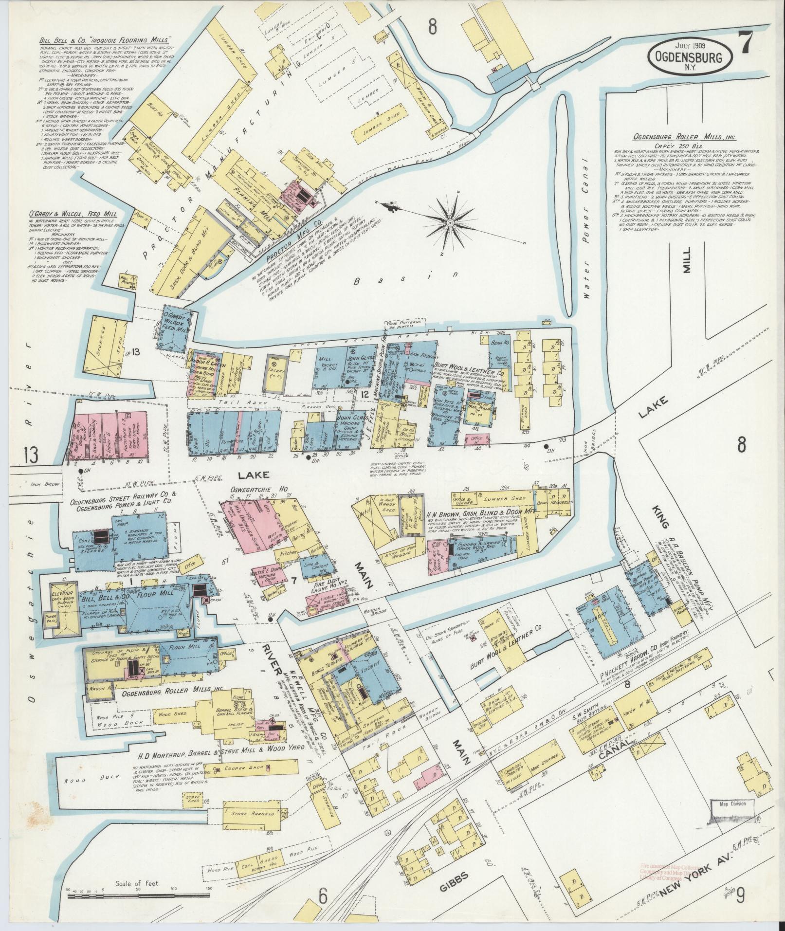 Sanborn Fire Insurance Map from Ogdensburg, St. Lawrence County, New York (1909), Sheet #0007 - Historic Sanborn Fire Insurance Map Print, vintage old map wall art, antique decor, genealogy gift, New York New York map