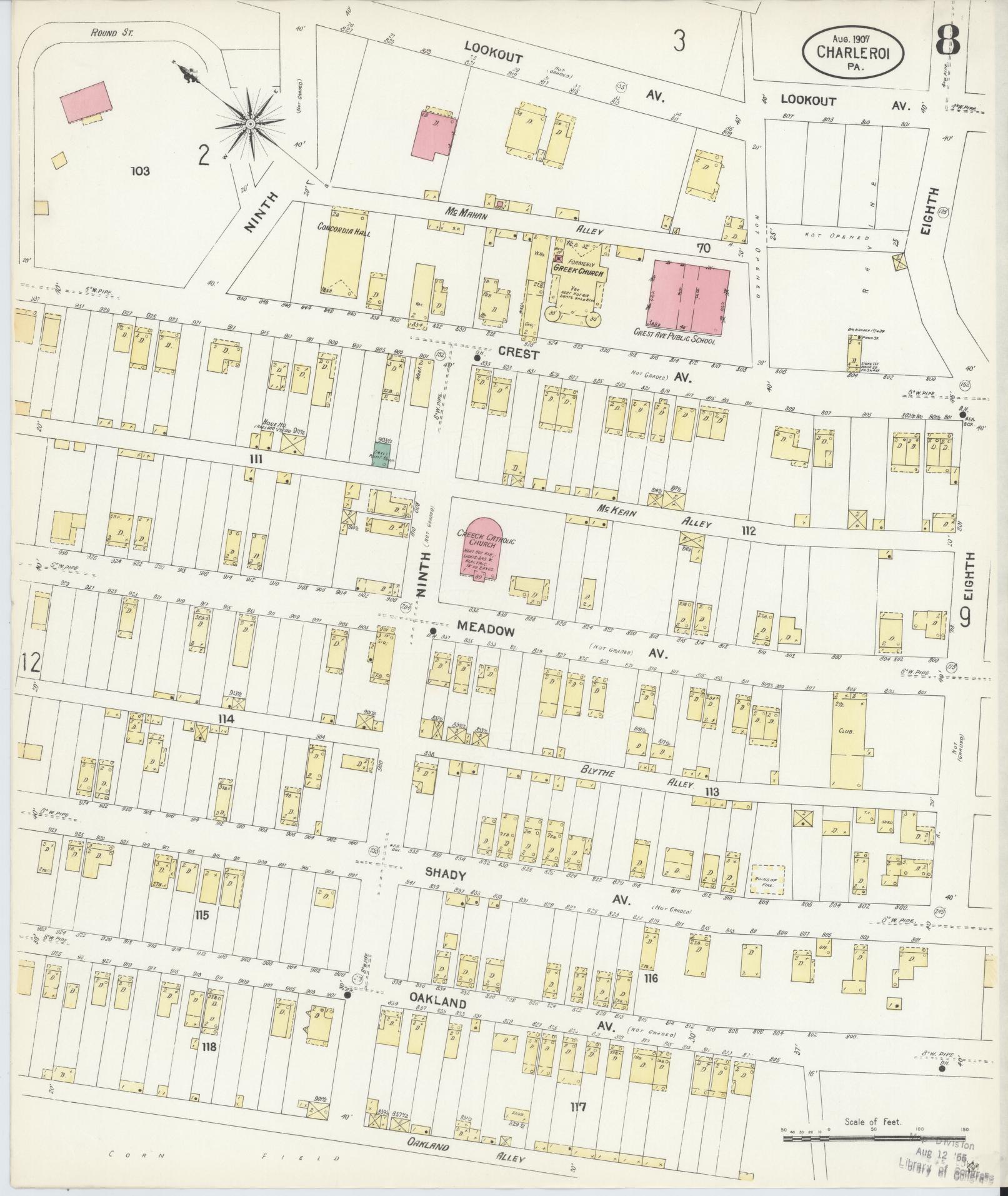 Sanborn Fire Insurance Map from Charleroi, Washington County, Pennsylvania (1907), Sheet #0008 - Historic Sanborn Fire Insurance Map Print, vintage old map wall art, antique decor, genealogy gift, Pennsylvania Pennsylvania map