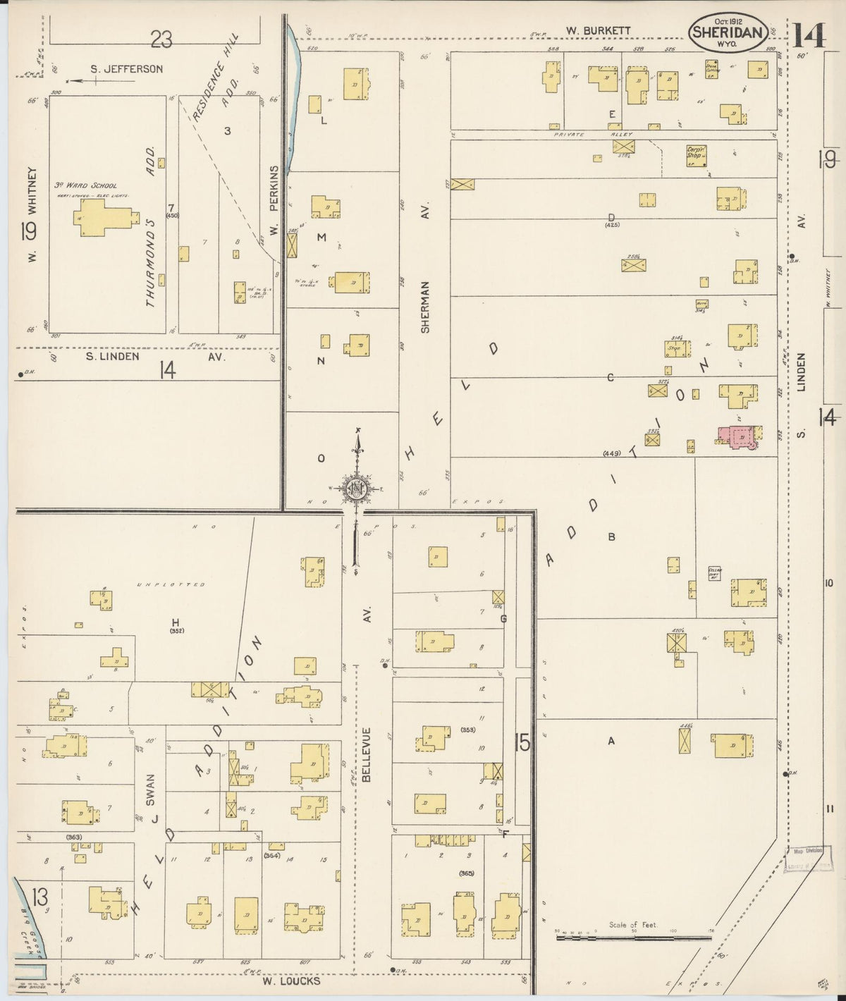 Sanborn Fire Insurance Map from Sheridan, Sheridan County, Wyoming (1912), Sheet #0014 - Complete Map Set gallery image, historic Sanborn map, vintage wall art, Wyoming Wyoming