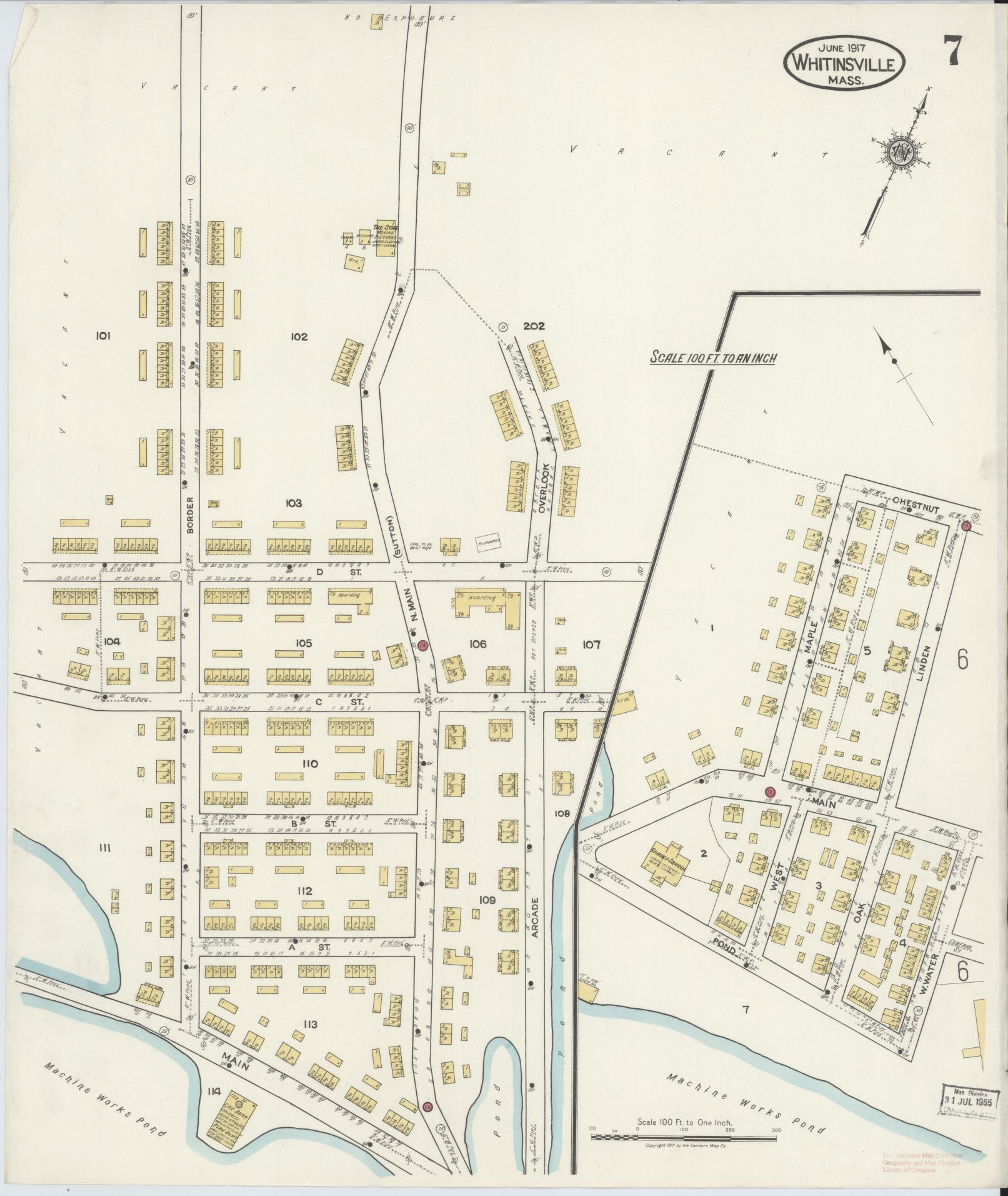 Sanborn Fire Insurance Map from Whitinsville, Worcester County, Massachusetts (1917), Sheet #0007 - Complete Map Set gallery image, historic Sanborn map, vintage wall art, Massachusetts Massachusetts