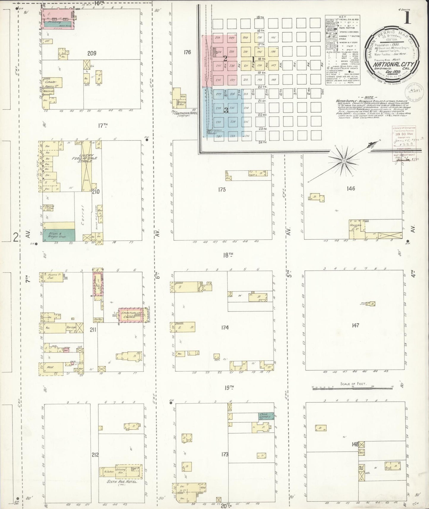 Sanborn Fire Insurance Map from National City, San Diego County, California (1899), Sheet #0001 - Historic Sanborn Fire Insurance Map Print, vintage old map wall art, antique decor, genealogy gift, California California map