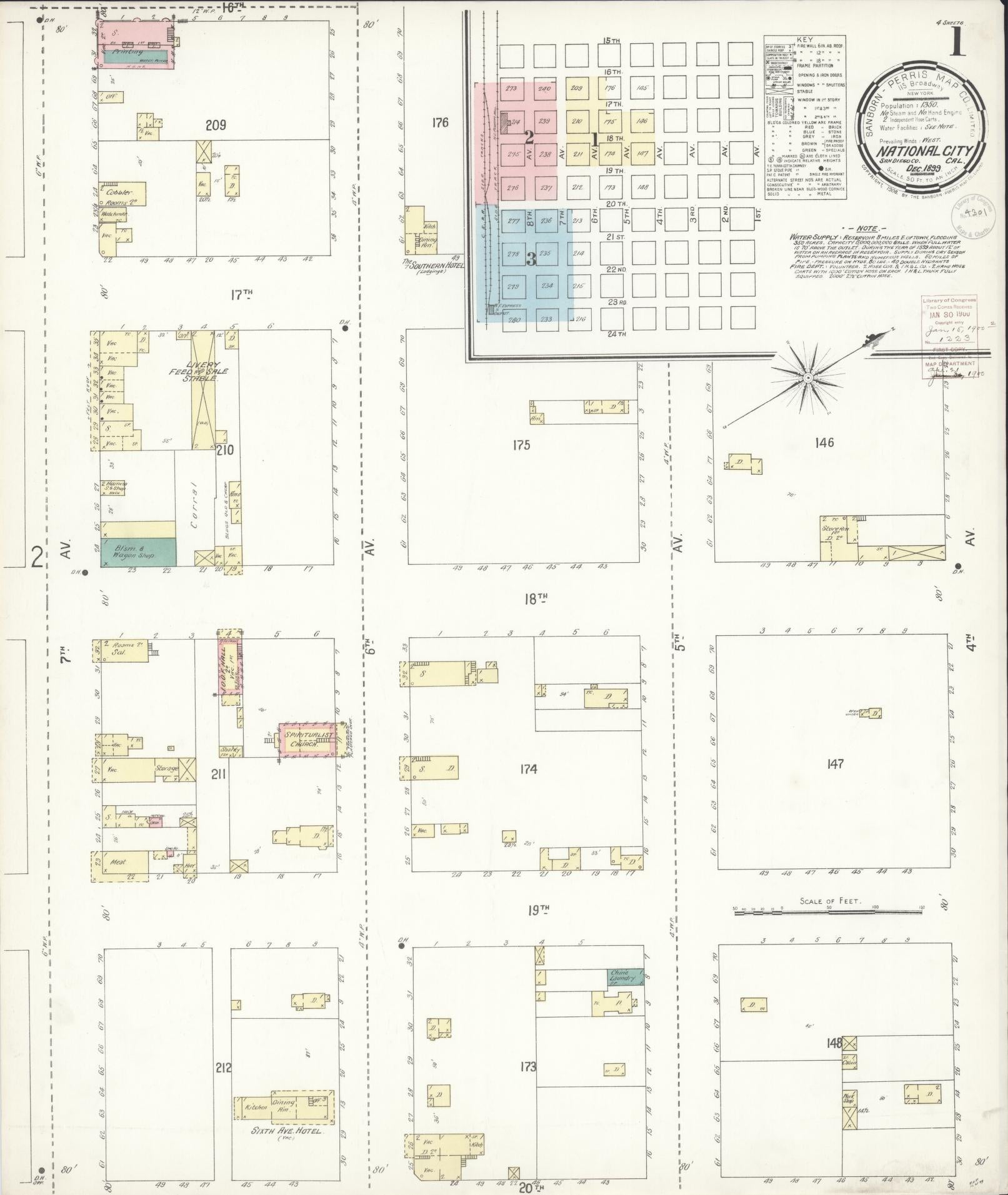 Sanborn Fire Insurance Map from National City, San Diego County, California (1899), Sheet #0001 - Historic Sanborn Fire Insurance Map Print, vintage old map wall art, antique decor, genealogy gift, California California map