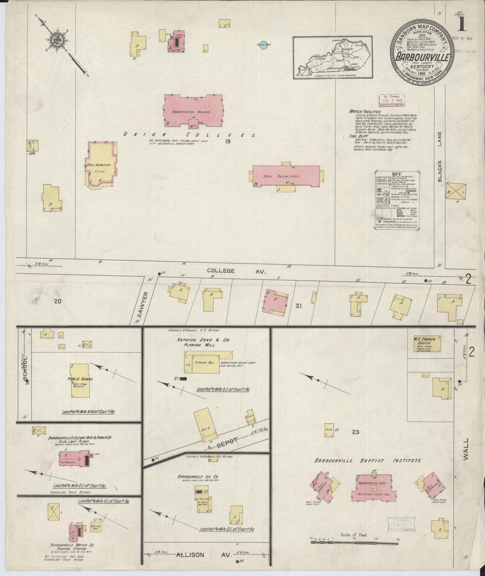 Sanborn Fire Insurance Map from Barbourville, Knox County, Kentucky (1913), Sheet #0001 - Historic Sanborn Fire Insurance Map Print, vintage old map wall art, antique decor, genealogy gift, Kentucky Kentucky map