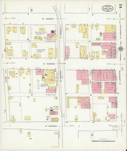 Sanborn Fire Insurance Map from Shelby, Cleveland County, North Carolina (1916), Sheet #0002 - Historic Sanborn Fire Insurance Map Print, vintage old map wall art, antique decor, genealogy gift, North Carolina North Carolina map