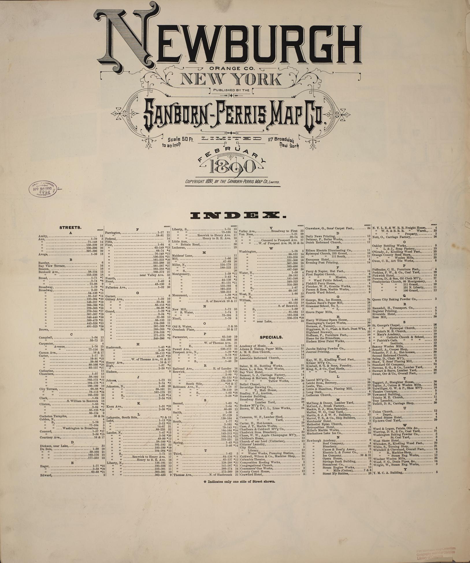 Sanborn Fire Insurance Map from Newburgh, Orange County, New York (1890), Sheet #0001 - Historic Sanborn Fire Insurance Map Print, vintage old map wall art, antique decor, genealogy gift, New York New York map