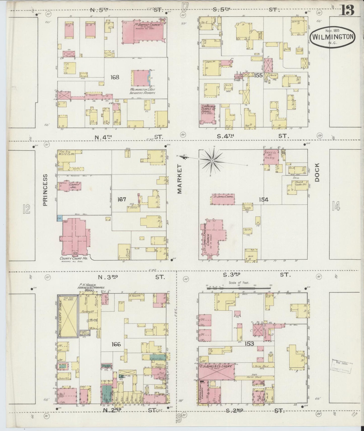 Sanborn Fire Insurance Map from Wilmington, New Hanover County, North Carolina (1893), Sheet #0013 - Complete Map Set gallery image, historic Sanborn map, vintage wall art, North Carolina North Carolina