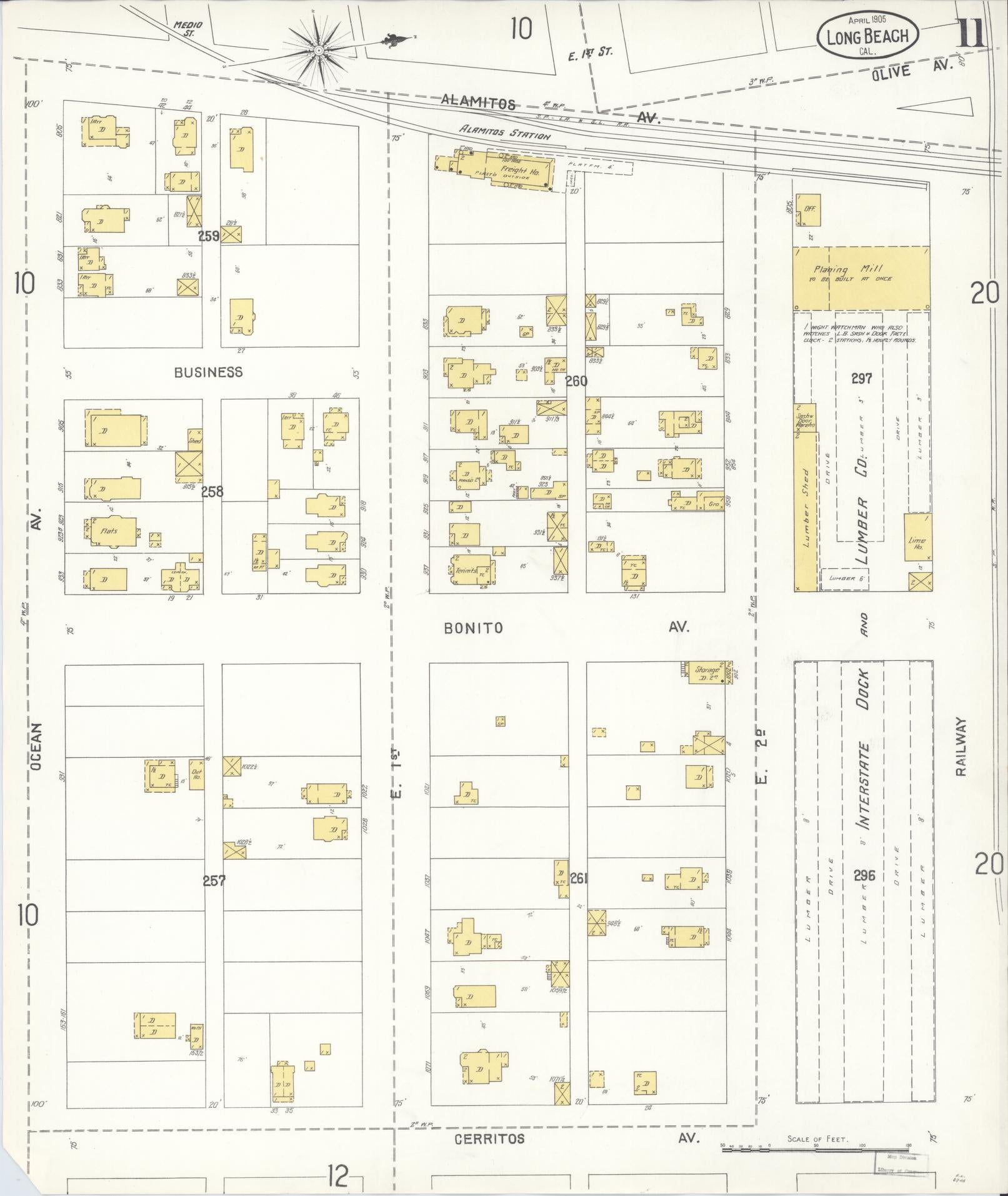 Sanborn Fire Insurance Map from Long Beach, Los Angeles County, California (1905), Sheet #0011 - Complete Map Set gallery image, historic Sanborn map, vintage wall art, California California