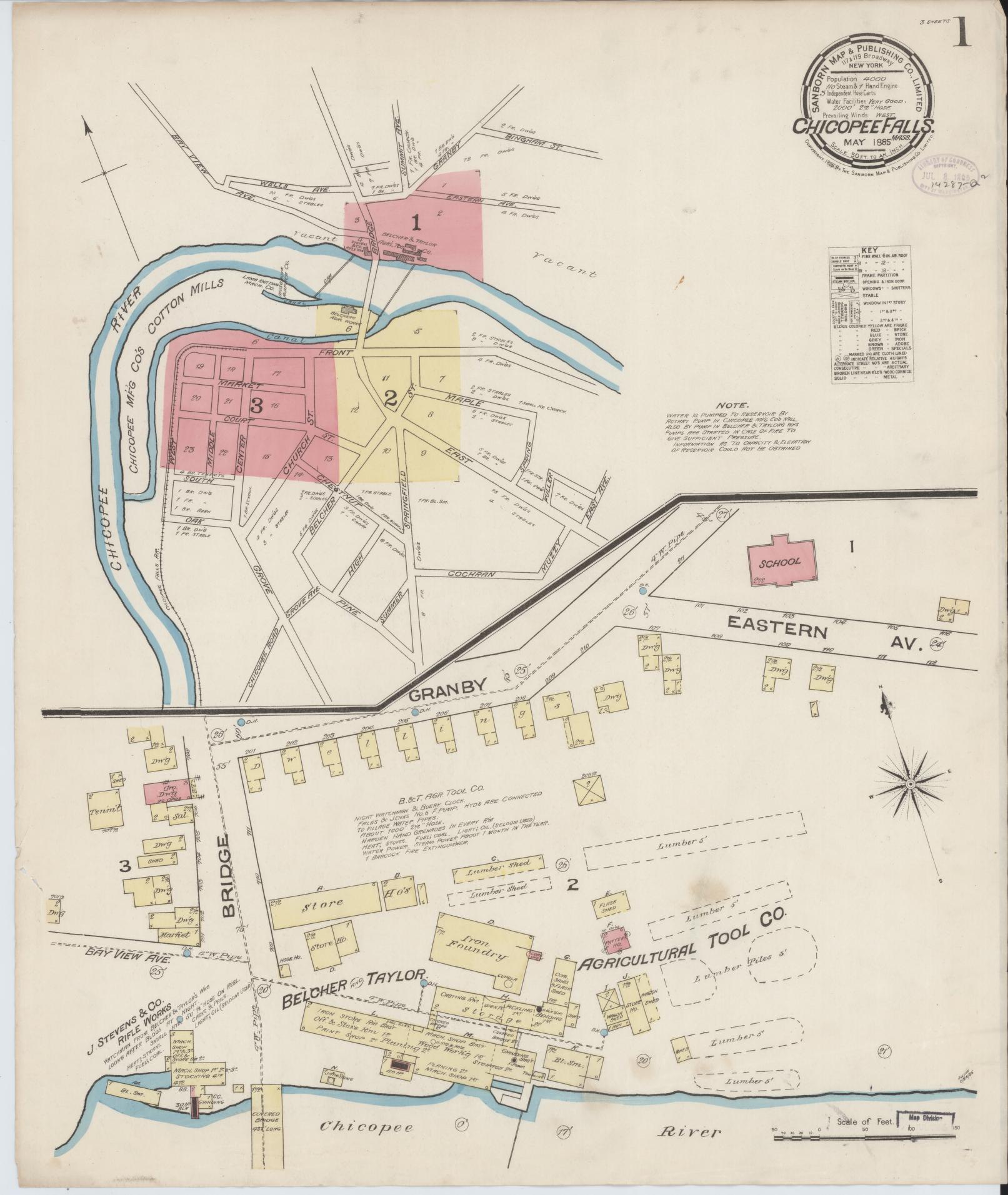 Sanborn Fire Insurance Map from Chicopee Falls, Hampden County, Massachusetts (1885), Sheet #0001 - Historic Sanborn Fire Insurance Map Print, vintage old map wall art, antique decor, genealogy gift, Massachusetts Massachusetts map