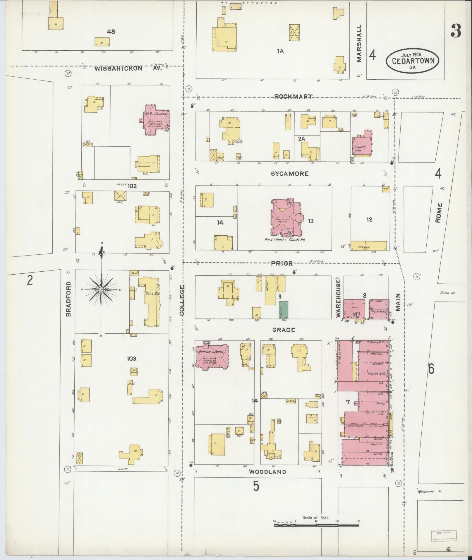Sanborn Fire Insurance Map from Cedartown, Polk County, Georgia (1905), Sheet #0003 - Complete Map Set gallery image, historic Sanborn map, vintage wall art, Georgia Georgia