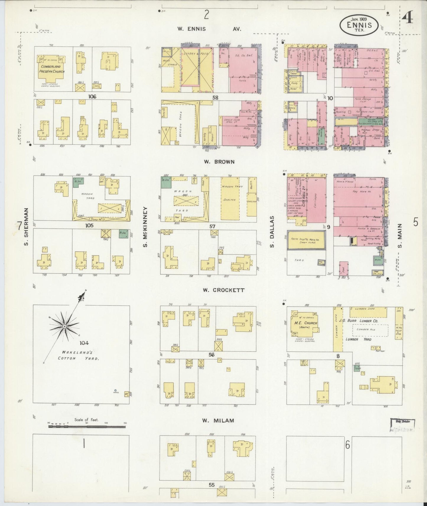 Sanborn Fire Insurance Map from Ennis, Ellis County, Texas (1909), Sheet #0004 - Complete Map Set gallery image, historic Sanborn map, vintage wall art, Texas Texas