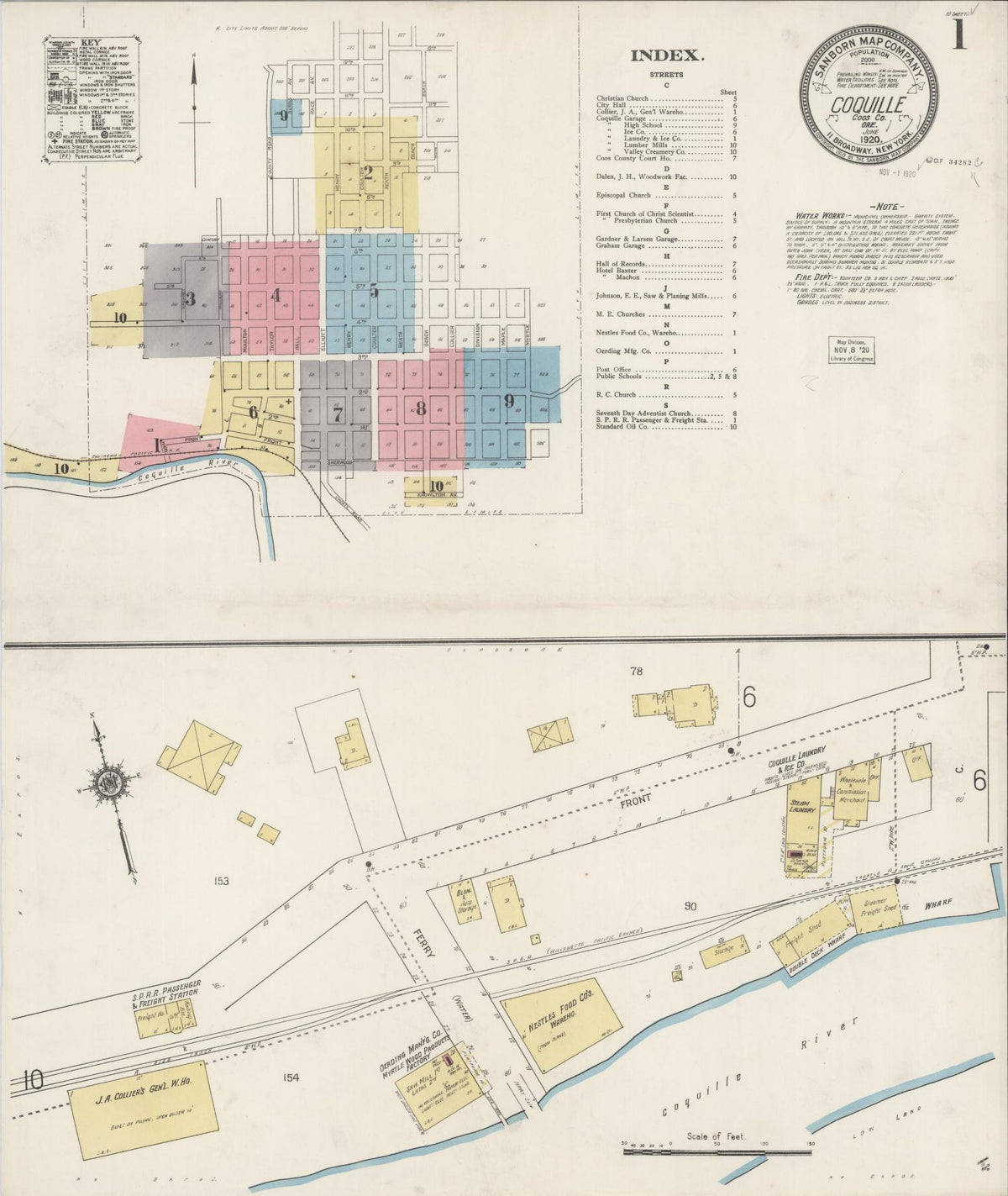 Sanborn Fire Insurance Map from Coquille, Coos County, Oregon (1920), Sheet #0001 - Historic Sanborn Fire Insurance Map Print, vintage old map wall art, antique decor, genealogy gift, Oregon Oregon map