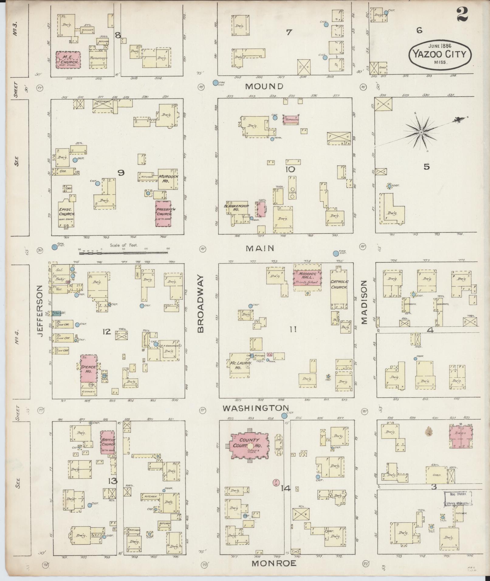 Sanborn Fire Insurance Map from Yazoo City, Yazoo County, Mississippi (1886), Sheet #0002 - Historic Sanborn Fire Insurance Map Print, vintage old map wall art, antique decor, genealogy gift, Mississippi Mississippi map