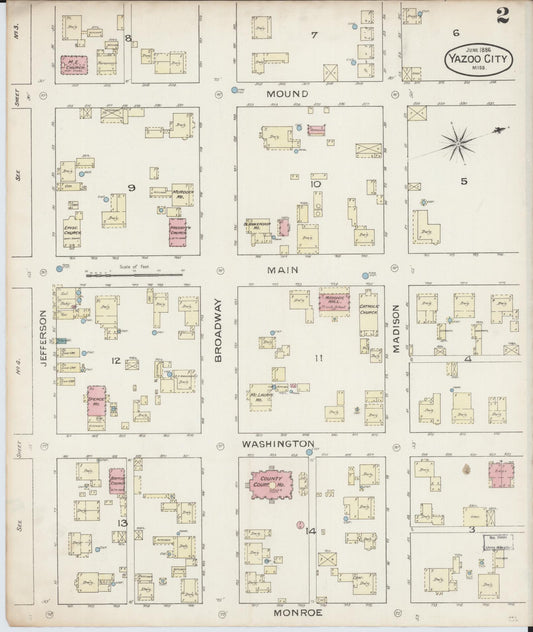 Sanborn Fire Insurance Map from Yazoo City, Yazoo County, Mississippi (1886), Sheet #0002 - Historic Sanborn Fire Insurance Map Print, vintage old map wall art, antique decor, genealogy gift, Mississippi Mississippi map