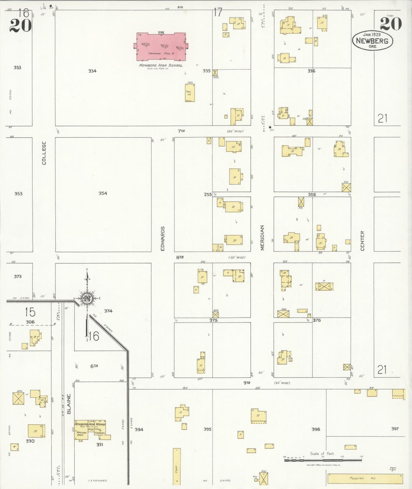 Sanborn Fire Insurance Map from Newberg, Yamhill County, Oregon (1929), Sheet #0020 - Complete Map Set gallery image, historic Sanborn map, vintage wall art, Oregon Oregon