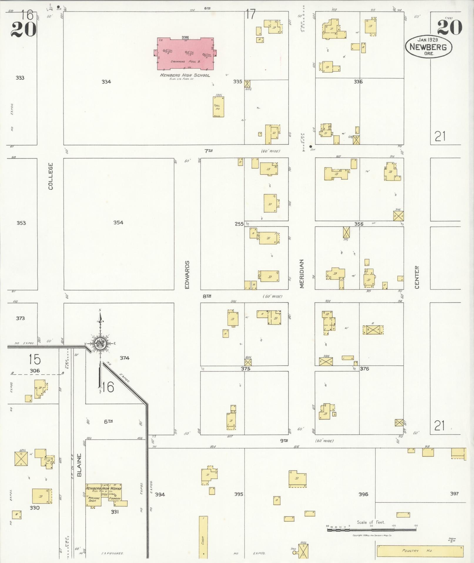 Sanborn Fire Insurance Map from Newberg, Yamhill County, Oregon (1929), Sheet #0020 - Complete Map Set gallery image, historic Sanborn map, vintage wall art, Oregon Oregon