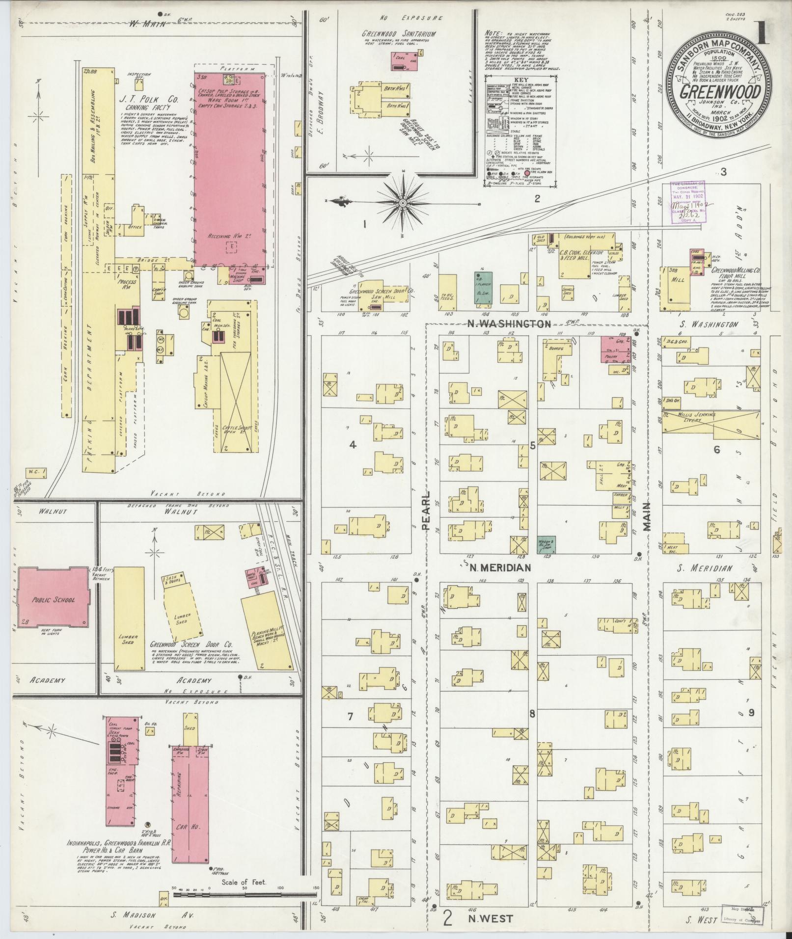 Sanborn Fire Insurance Map from Greenwood, Johnson County, Indiana (1902), Sheet #0001 - Complete Map Set gallery image, historic Sanborn map, vintage wall art, Indiana Indiana