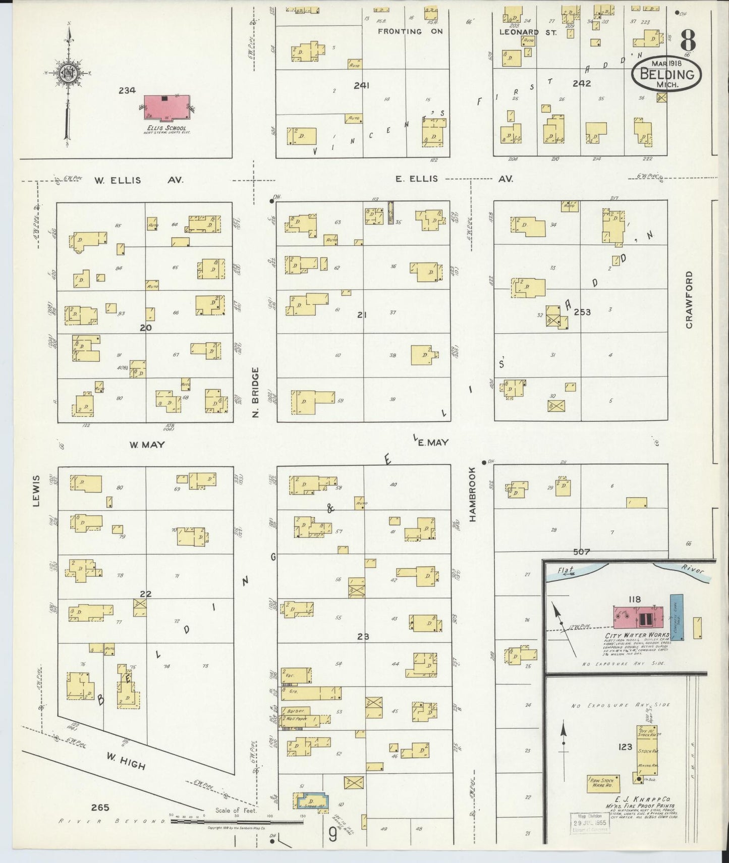 Sanborn Fire Insurance Map from Belding, Ionia County, Michigan (1918), Sheet #0008 - Complete Map Set gallery image, historic Sanborn map, vintage wall art, Michigan Michigan