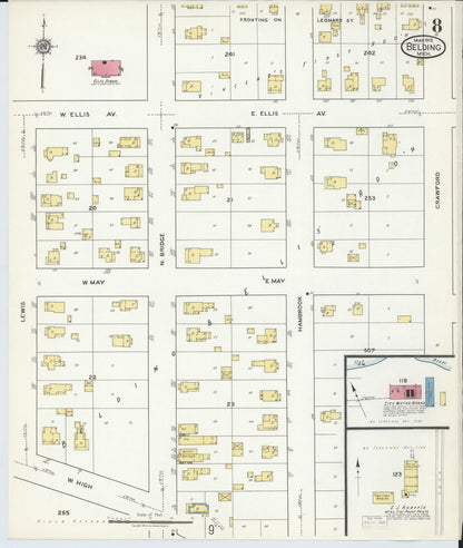 Sanborn Fire Insurance Map from Belding, Ionia County, Michigan (1918), Sheet #0008 - Complete Map Set gallery image, historic Sanborn map, vintage wall art, Michigan Michigan