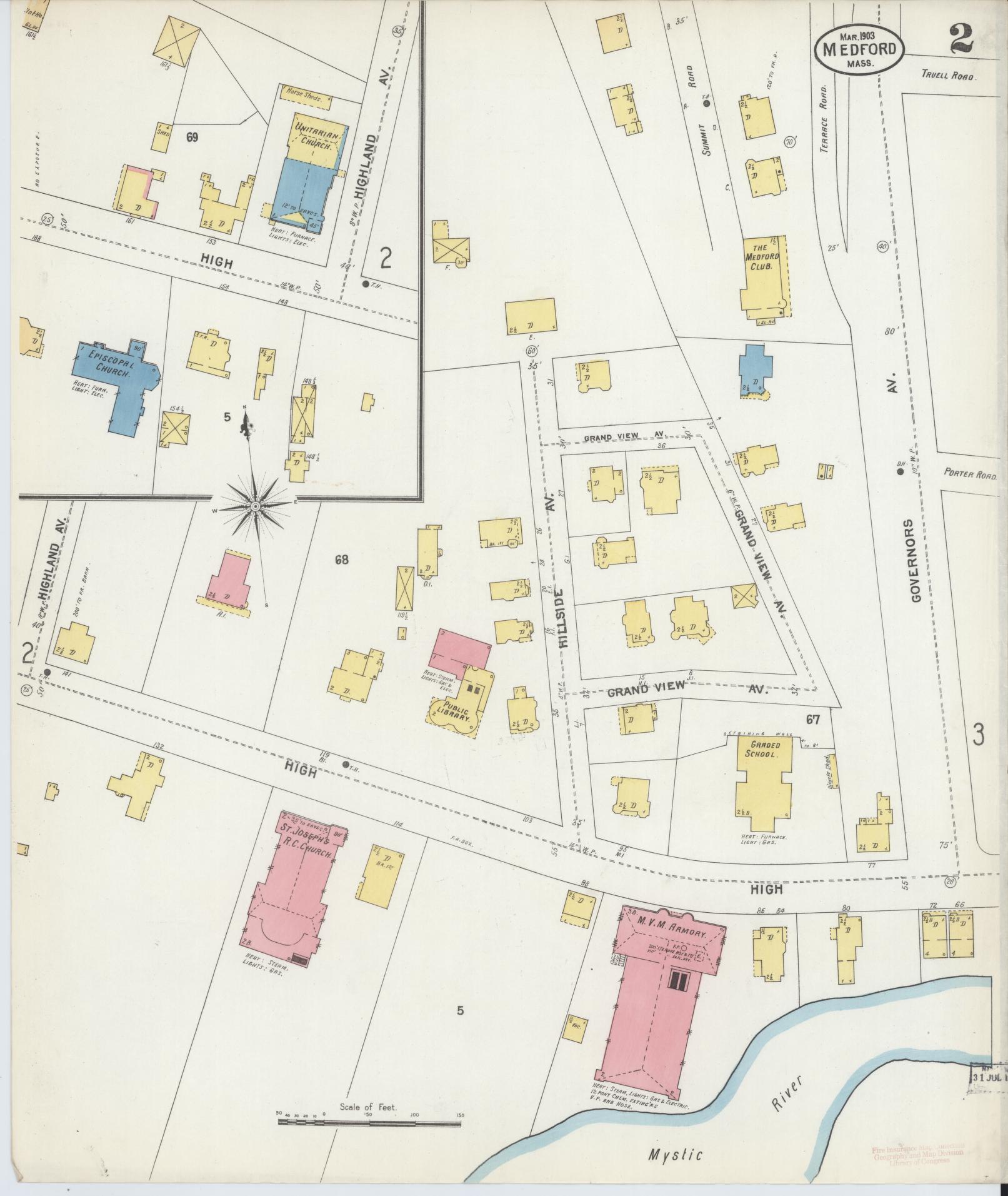 Sanborn Fire Insurance Map from Medford, Middlesex County, Massachusetts (1903), Sheet #0002 - Historic Sanborn Fire Insurance Map Print, vintage old map wall art, antique decor, genealogy gift, Massachusetts Massachusetts map