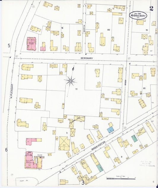 Sanborn Fire Insurance Map from Middlebury, Addison County, Vermont (1905), Sheet #0002 - Historic Sanborn Fire Insurance Map Print, vintage old map wall art, antique decor, genealogy gift, Vermont Vermont map