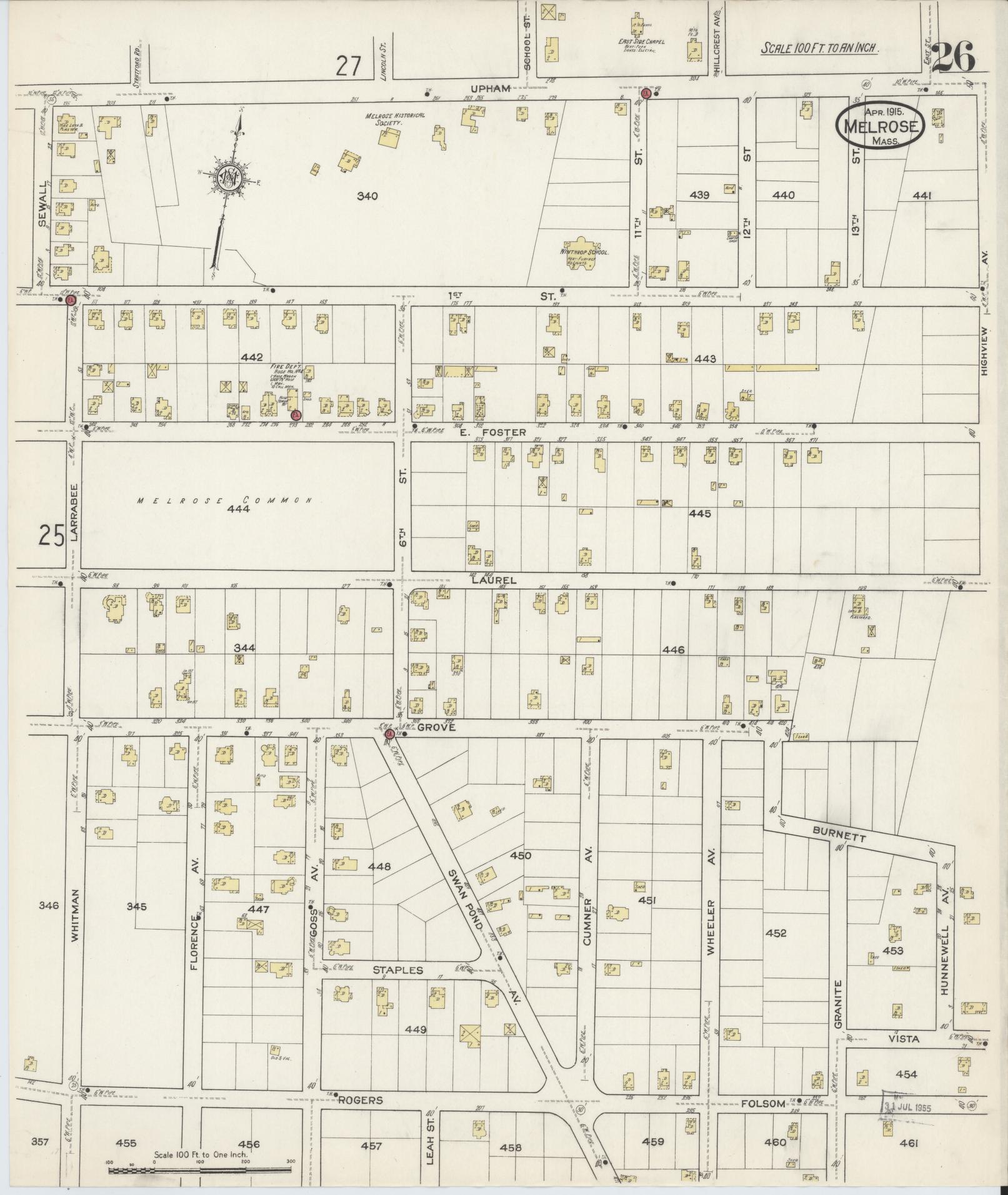 Sanborn Fire Insurance Map from Melrose, Middlesex County, Massachusetts (1915), Sheet #0026 - Historic Sanborn Fire Insurance Map Print, vintage old map wall art, antique decor, genealogy gift, Massachusetts Massachusetts map