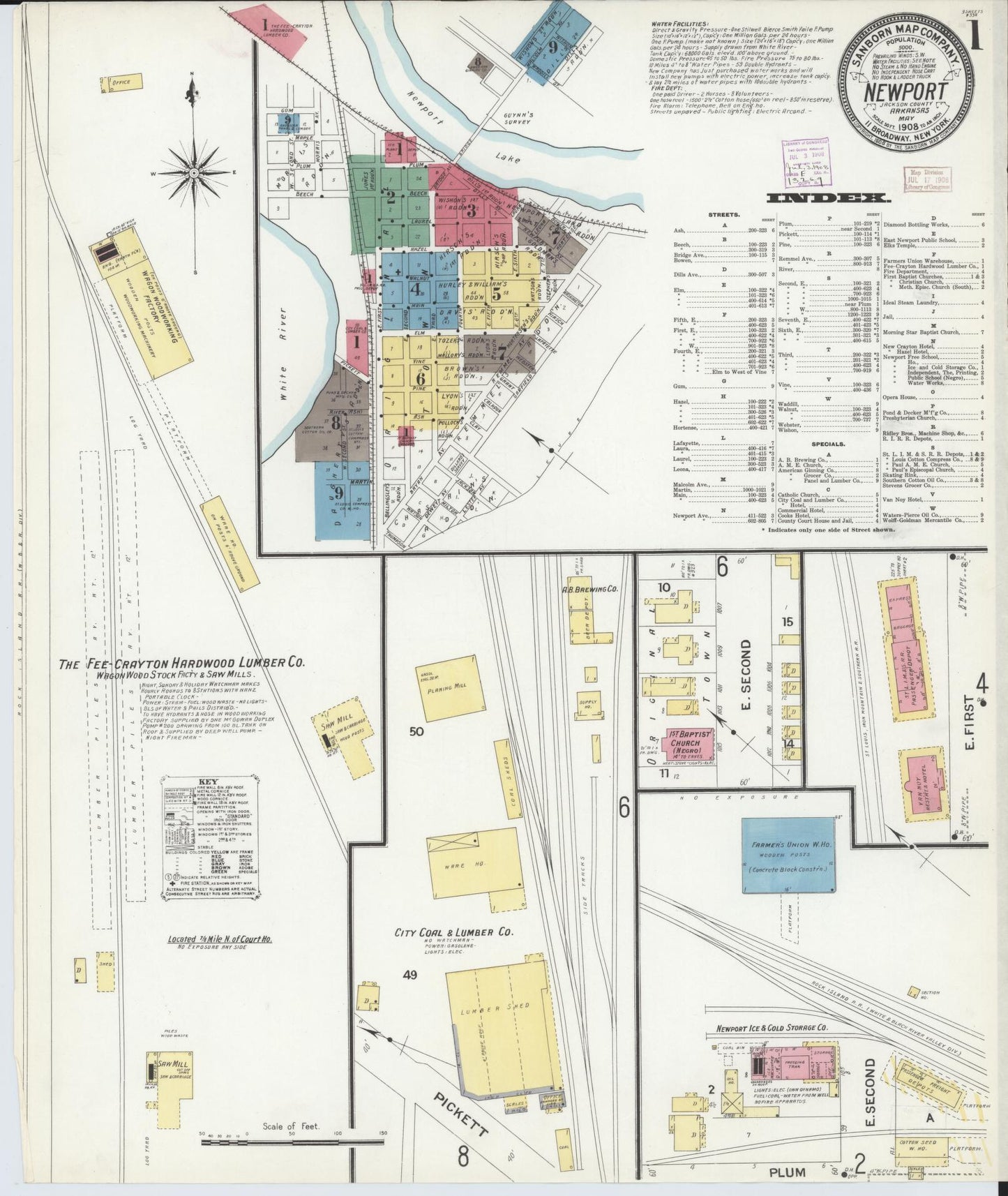 Sanborn Fire Insurance Map from Newport, Jackson County, Arkansas (1908), Sheet #0001 - Historic Sanborn Fire Insurance Map Print, vintage old map wall art, antique decor, genealogy gift, Arkansas Arkansas map