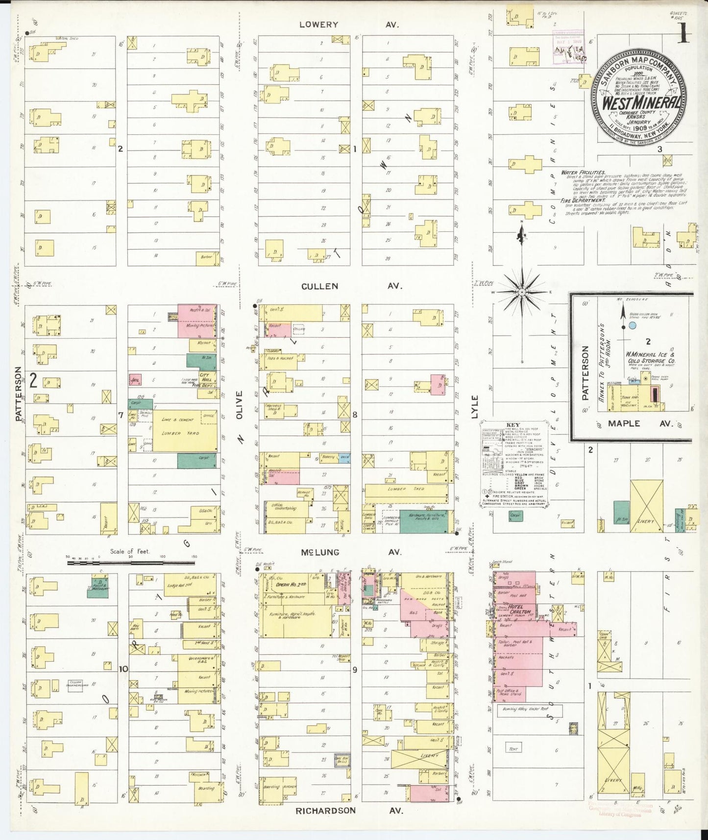 Sanborn Fire Insurance Map from West Mineral, Cherokee County, Kansas (1909), Sheet #0001 - Complete Map Set gallery image, historic Sanborn map, vintage wall art, Kansas Kansas