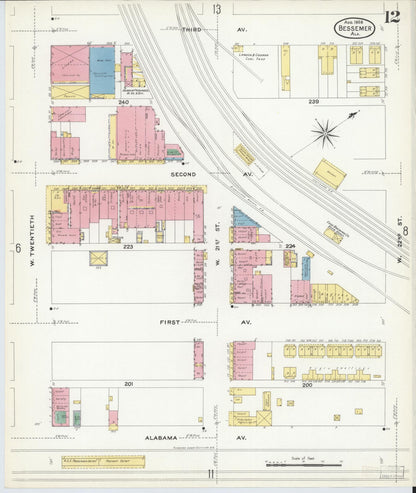 Sanborn Fire Insurance Map from Bessemer, Jefferson County, Alabama (1908), Sheet #0012 - Complete Map Set gallery image, historic Sanborn map, vintage wall art, Alabama Alabama