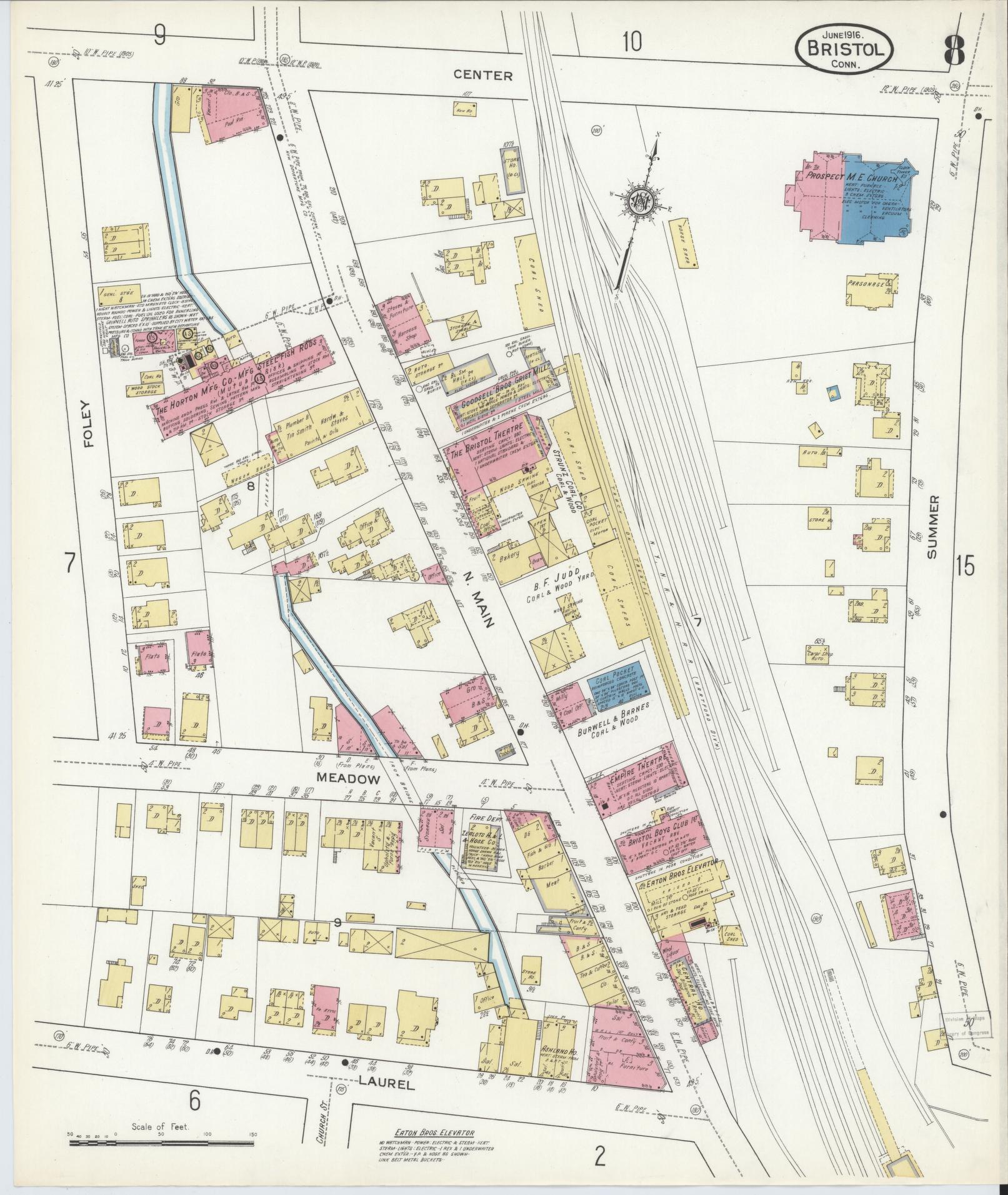 Sanborn Fire Insurance Map from Bristol, Hartford County, Connecticut (1916), Sheet #0008 - Historic Sanborn Fire Insurance Map Print, vintage old map wall art, antique decor, genealogy gift, Connecticut Connecticut map