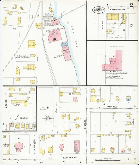 Sanborn Fire Insurance Map from Iowa City, Johnson County, Iowa (1899), Sheet #0002 - Historic Sanborn Fire Insurance Map Print, vintage old map wall art