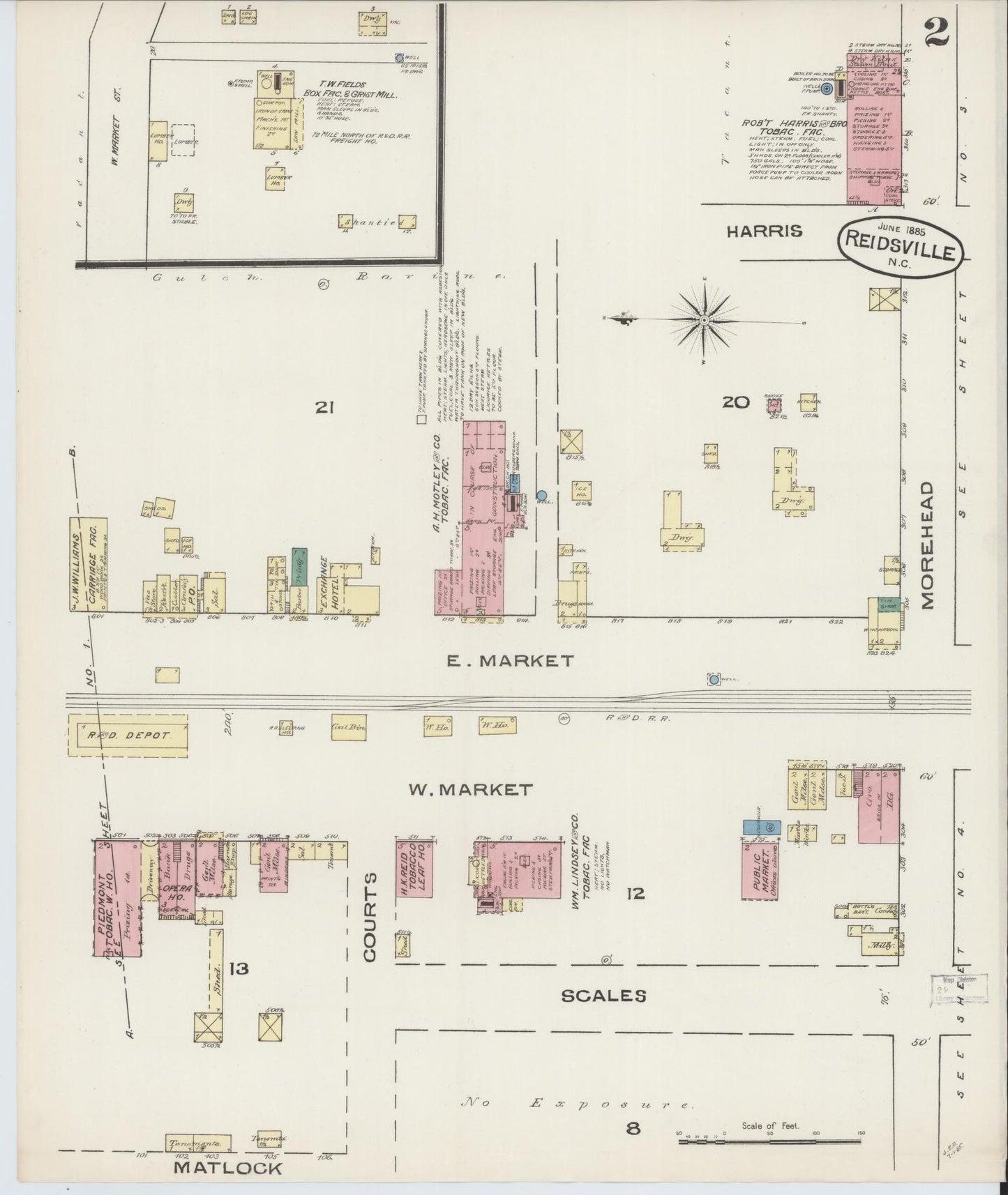 Sanborn Fire Insurance Map from Reidsville, Rockingham County, North Carolina (1885), Sheet #0002 - Complete Map Set gallery image, historic Sanborn map, vintage wall art, North Carolina North Carolina