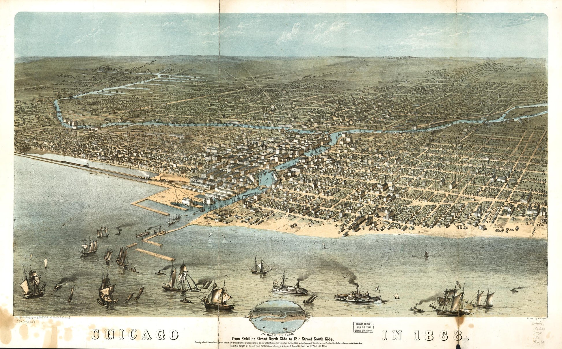Chicago in 1868 from Schiller Street north side to 12th Street south side. (1868) – Historic Bird’s-Eye View Panorama Print