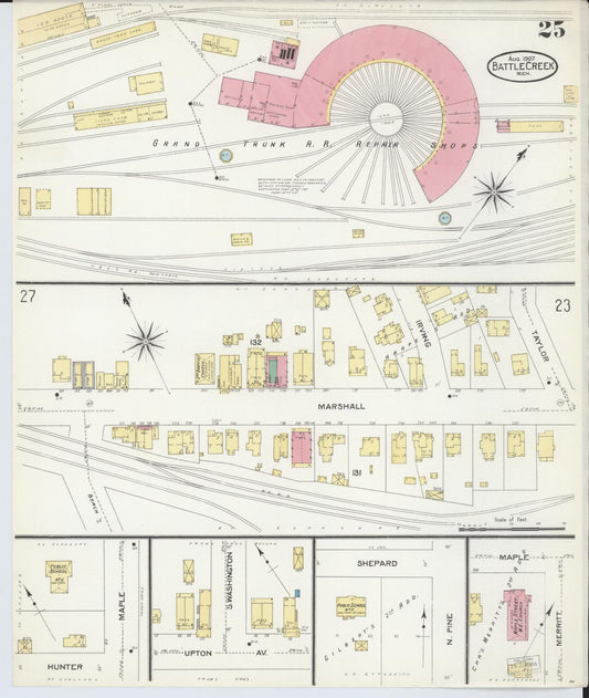 Sanborn Fire Insurance Map from Battle Creek, Calhoun County, Michigan (1907), Sheet #0025 - Historic Sanborn Fire Insurance Map Print, vintage old map wall art, antique decor, genealogy gift, Michigan Michigan map