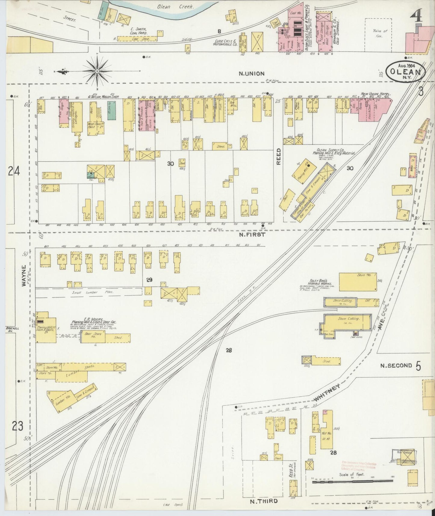 Sanborn Fire Insurance Map from Olean, Cattaraugus County, New York (1904), Sheet #0004 - Historic Sanborn Fire Insurance Map Print, vintage old map wall art, antique decor, genealogy gift, New York New York map
